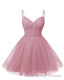 Womens V Neck Tulle Spaghetti Straps Dusty Rose Homecoming Dresses with Corset Back Short Prom Gowns for Teens