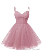 Womens V Neck Tulle Spaghetti Straps Dusty Rose Homecoming Dresses with Corset Back Short Prom Gowns for Teens