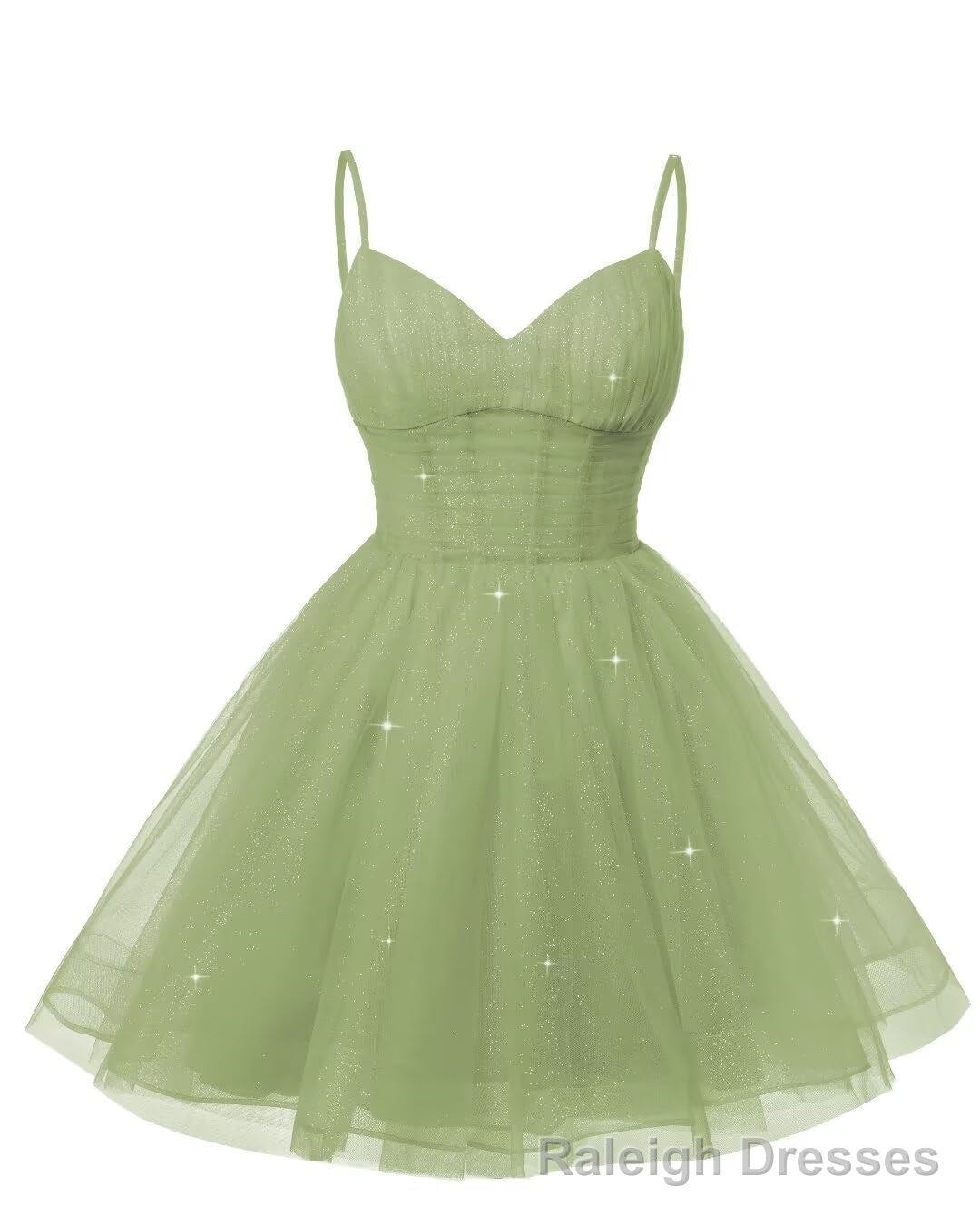 Womens V Neck Tulle Spaghetti Straps Dusty Sage Homecoming Dresses with Corset Back Short Prom Gown for Teens