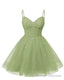 Womens V Neck Tulle Spaghetti Straps Dusty Sage Homecoming Dresses with Corset Back Short Prom Gown for Teens