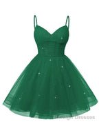 Womens V Neck Tulle Spaghetti Straps Emerald Green Homecoming Dresses with Corset Back Short Prom Gown for Teens