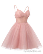 Womens V Neck Tulle Spaghetti Straps Blush Pink Homecoming Dresses with Corset Back Short Prom Gown for Teens