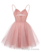Womens V Neck Tulle Spaghetti Straps Silver Gray Homecoming Dresses with Corset Back Short Prom Gown for Teens