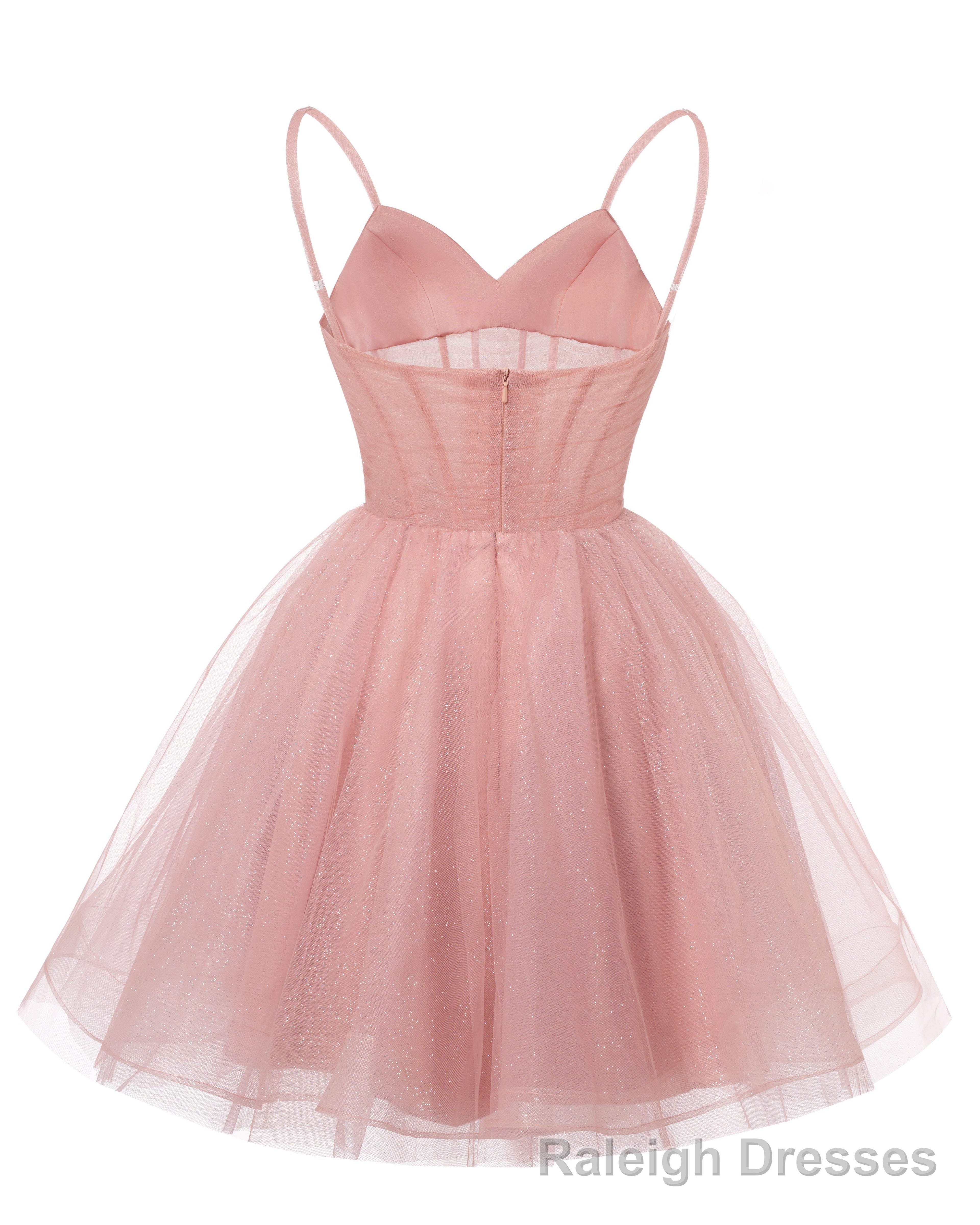 Womens V Neck Tulle Spaghetti Straps Homecoming Dresses with Corset Back Short Prom Gown for Teens