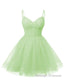 Womens V Neck Tulle Spaghetti Straps Mint Green Homecoming Dresses with Corset Back Short Prom Gowns for Teens