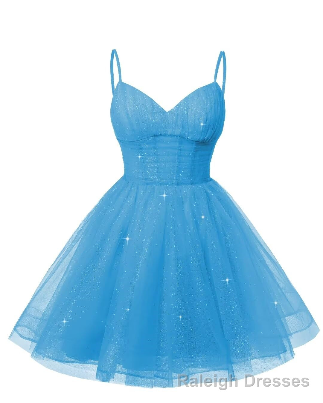 Womens V Neck Tulle Spaghetti Straps Ocean Blue Homecoming Dresses with Corset Back Short Prom Gown for Teens Main image