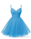 Womens V Neck Tulle Spaghetti Straps Ocean Blue Homecoming Dresses with Corset Back Short Prom Gown for Teens