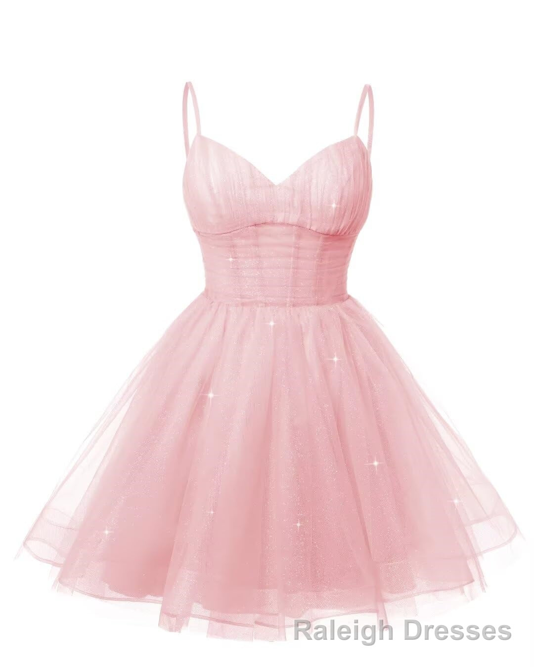Womens V Neck Tulle Spaghetti Straps Pink Homecoming Dresses with Corset Back Short Prom Gowns for Teens