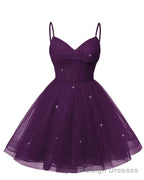 Womens V Neck Tulle Spaghetti Straps Plum Homecoming Dresses with Corset Back Short Prom Gown for Teens