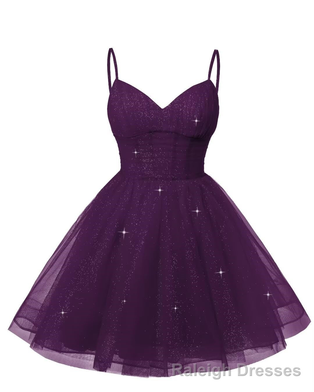 Womens V Neck Tulle Spaghetti Straps Plum Homecoming Dresses with Corset Back Short Prom Gown for Teens