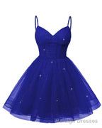 Womens V Neck Tulle Spaghetti Straps Royal Blue Homecoming Dresses with Corset Back Short Prom Gown for Teens