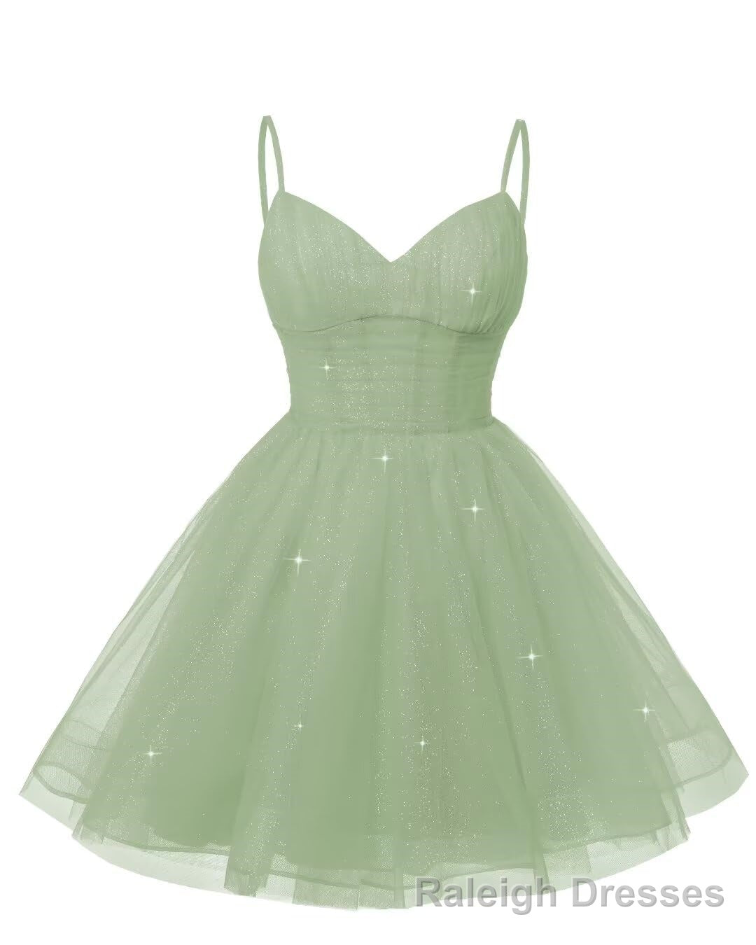 Womens V Neck Tulle Spaghetti Straps Sage Green Homecoming Dresses with Corset Back Short Prom Gown for Teens Main image