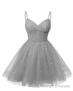 Womens V Neck Tulle Spaghetti Straps Silver Gray Homecoming Dresses with Corset Back Short Prom Gown for Teens