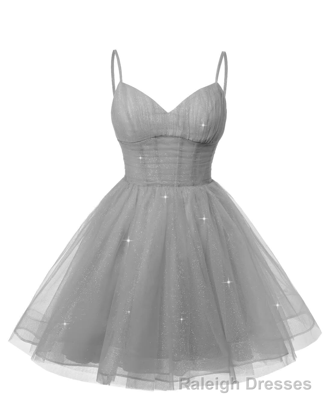 Womens V Neck Tulle Spaghetti Straps Silver Gray Homecoming Dresses with Corset Back Short Prom Gown for Teens