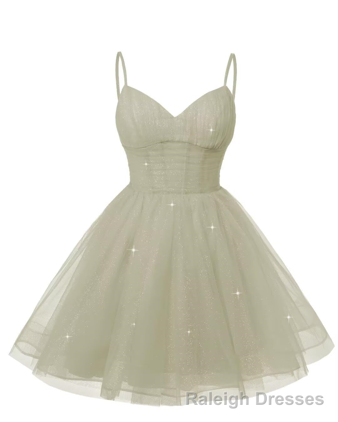 Womens V Neck Tulle Spaghetti Straps Silver Homecoming Dresses with Corset Back Short Prom Gown for Teens Main image