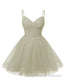 Womens V Neck Tulle Spaghetti Straps Silver Homecoming Dresses with Corset Back Short Prom Gown for Teens