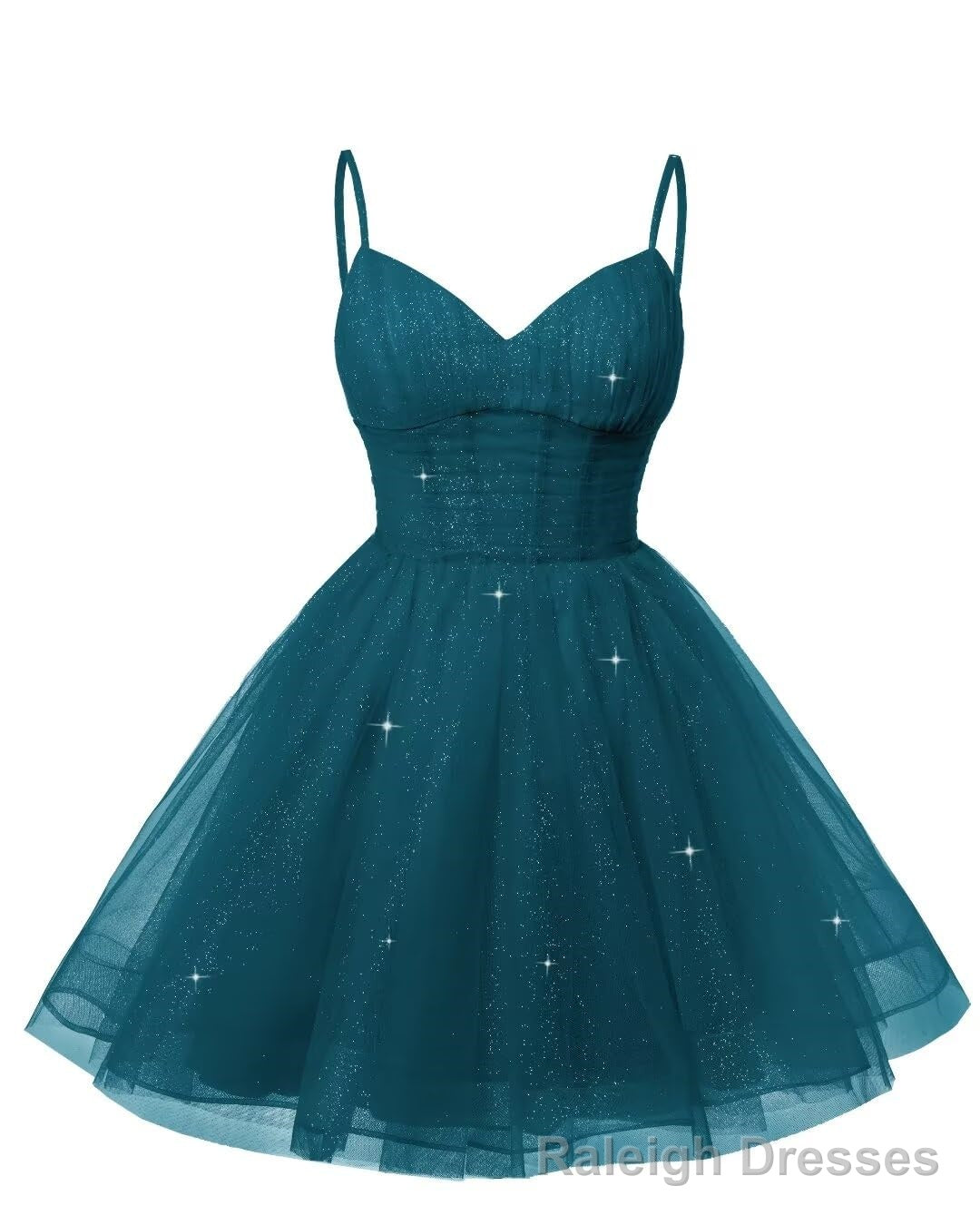 Womens V Neck Tulle Spaghetti Straps Teal Homecoming Dresses with Corset Back Short Prom Gown for Teens