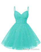 Womens V Neck Tulle Spaghetti Straps Turquoise Homecoming Dresses with Corset Back Short Prom Gown for Teens