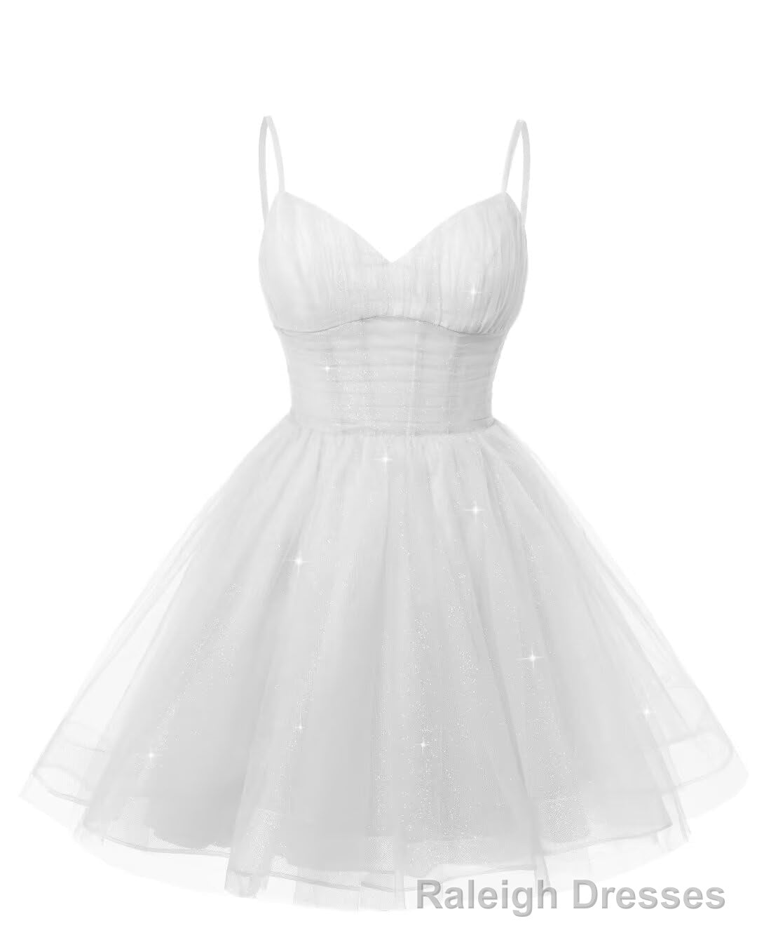 Womens V Neck Tulle Spaghetti Straps White Homecoming Dresses with Corset Back Short Prom Gown for Teens Main image