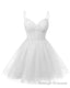 Womens V Neck Tulle Spaghetti Straps White Homecoming Dresses with Corset Back Short Prom Gowns for Teens