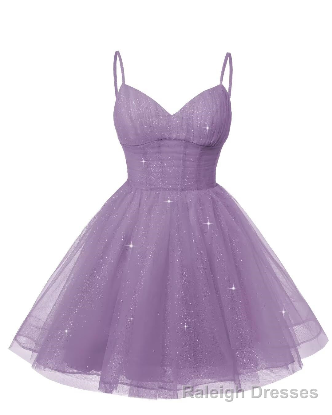 Womens V Neck Tulle Spaghetti Straps Wisteria Homecoming Dresses with Corset Back Short Prom Gowns for Teens