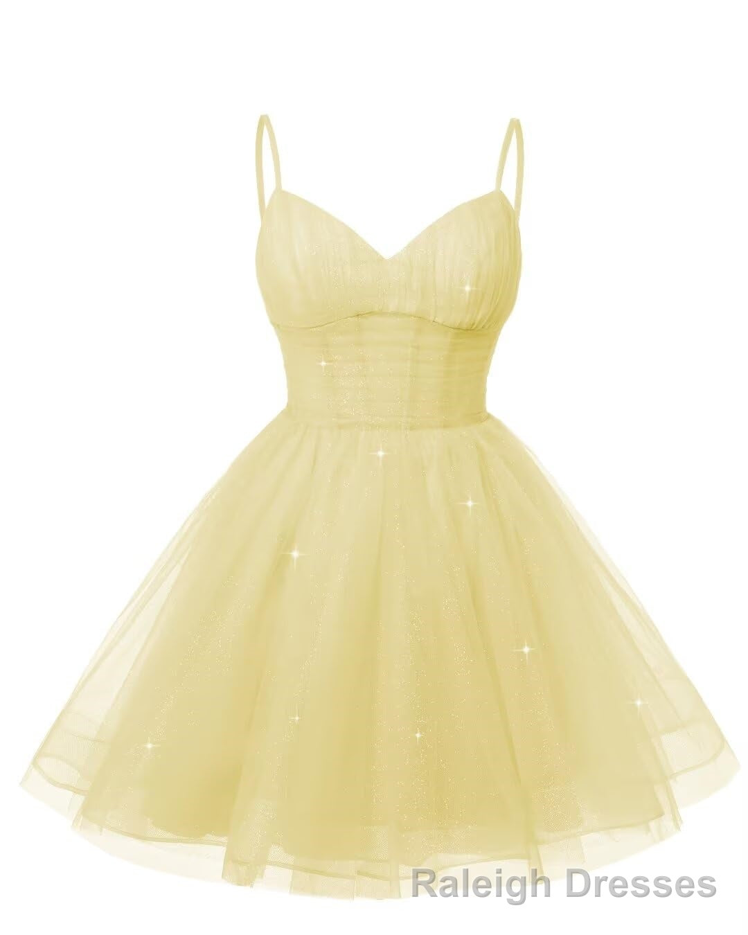 Womens V Neck Tulle Spaghetti Straps Yellow Homecoming Dresses with Corset Back Short Prom Gowns for Teens