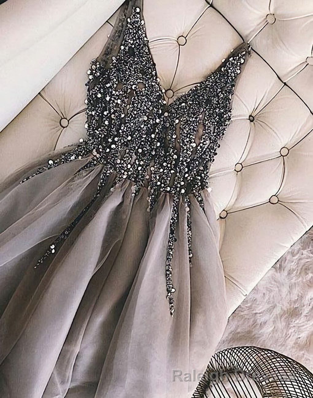 Luxurious Sequins Beaded V Neck Tulle Short V Back Gray Prom Dress, Homecoming Dress Secondary image