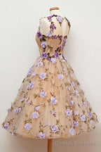 Cute A Line Round Neck Short Tulle Open Back Purple Flowers Homecoming Dresses