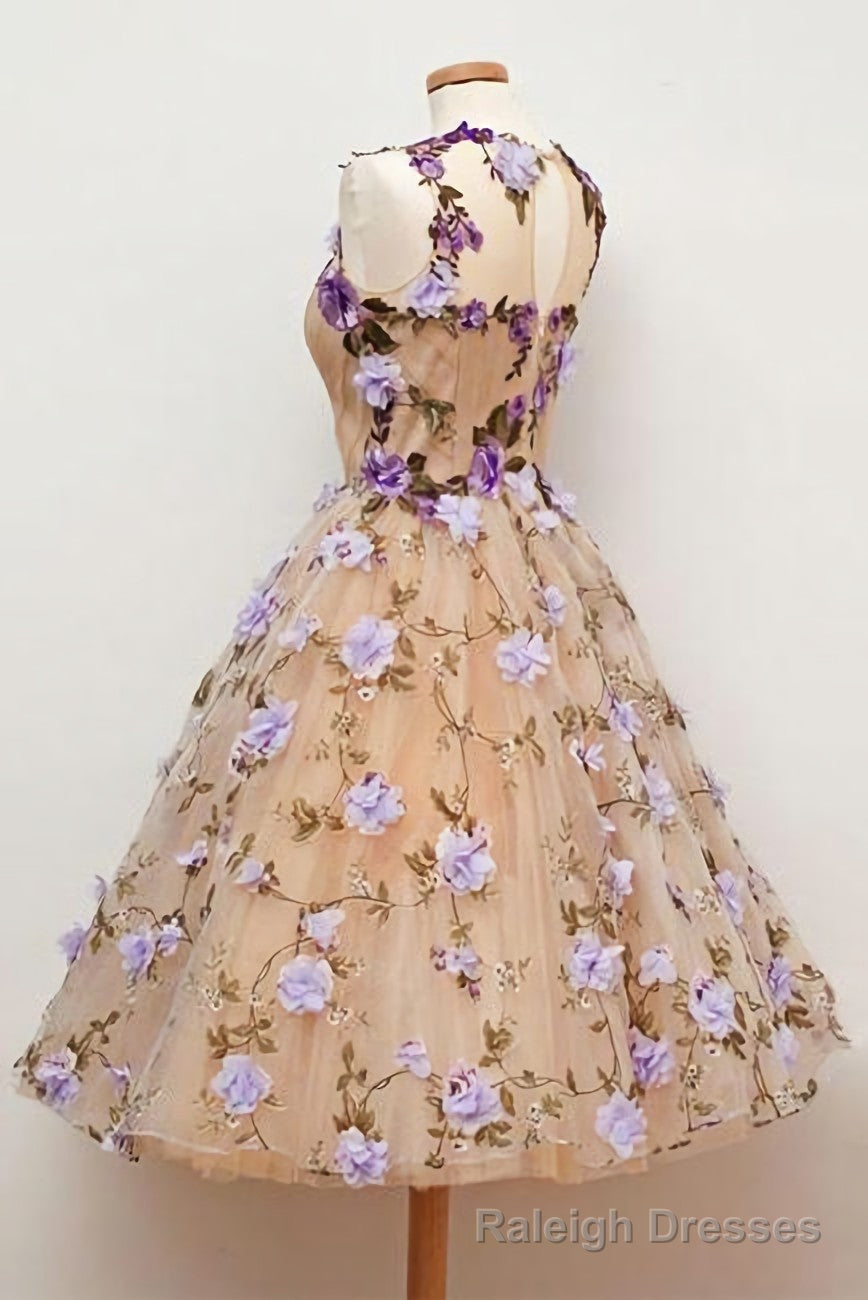Cute A Line Round Neck Short Tulle Open Back Purple Flowers Homecoming Dresses Secondary image