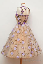 Cute A Line Round Neck Short Tulle Open Back Purple Flowers Homecoming Dresses