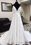 White V-Neck Long Prom Dresses, A-Line Lace Evening Dresses