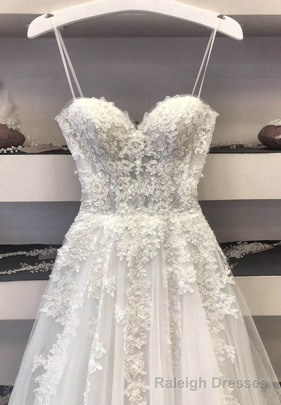 White Spaghetti Lace Long Prom Dresses, A Line Prom Dresses