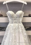 White Spaghetti Lace Long Prom Dresses, A Line Prom Dresses