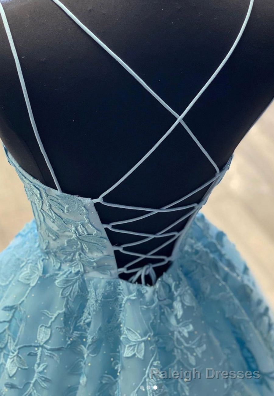 Blue Lace Long Prom Dresses, A Line Formal Prom Dresses