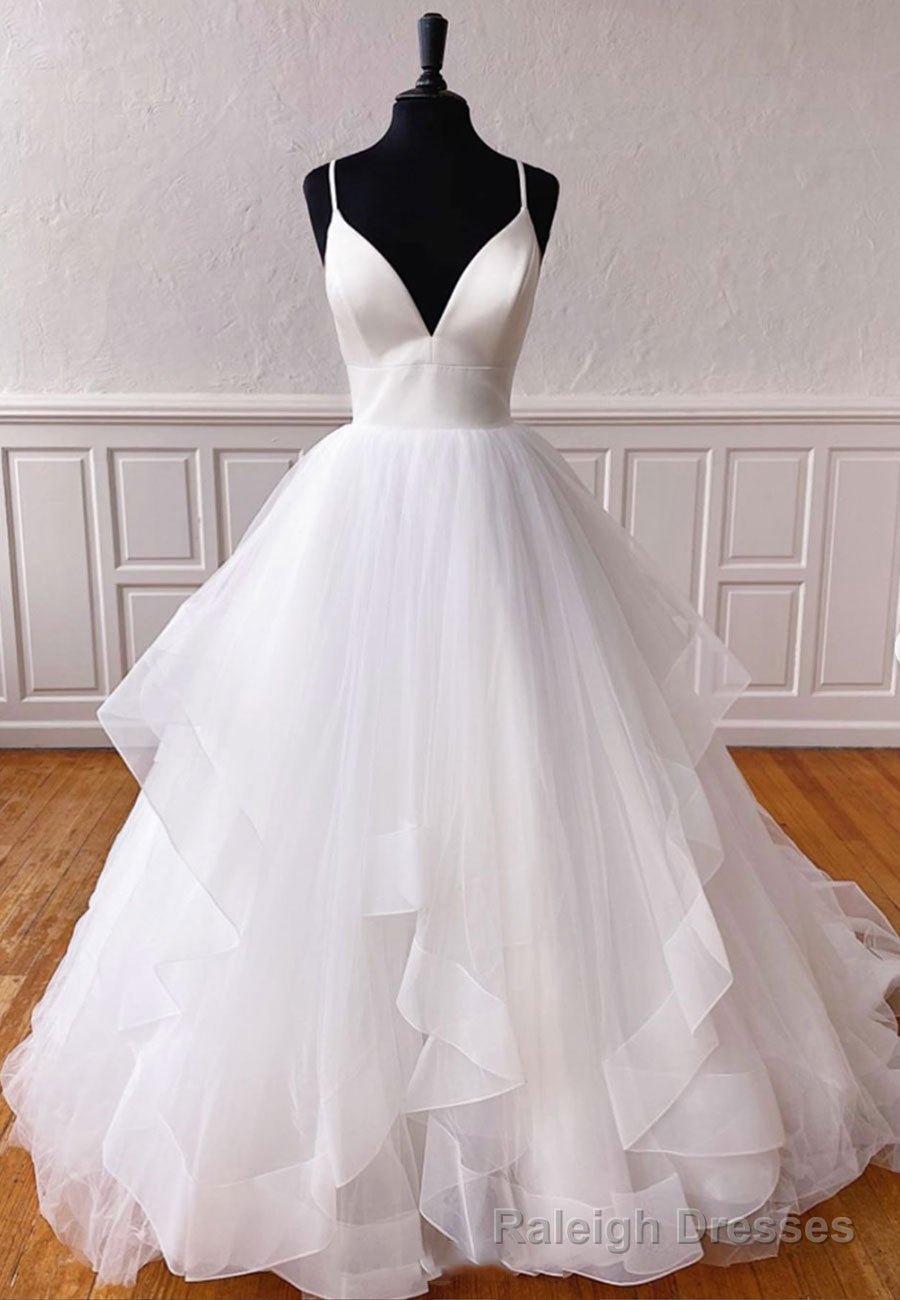 Plunging V-Neck Tulle Long Prom Dresses, White Evening Dresses Main image