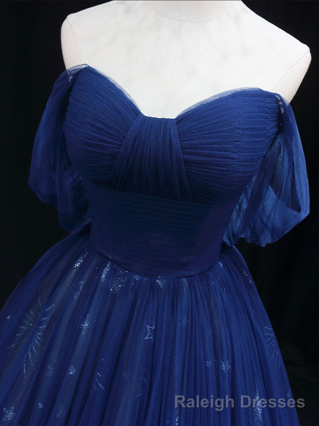 Beautiful Blue Tulle Floor Length Prom Dress, A-Line Off the Shoulder Princess Dress Evening Dress