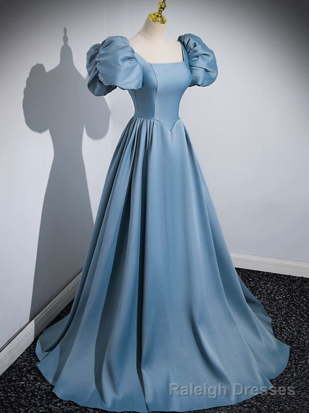 Blue Puff Sleeve Satin Floor Length Prom Dress, Blue A-Line Evening Party Dress Main image