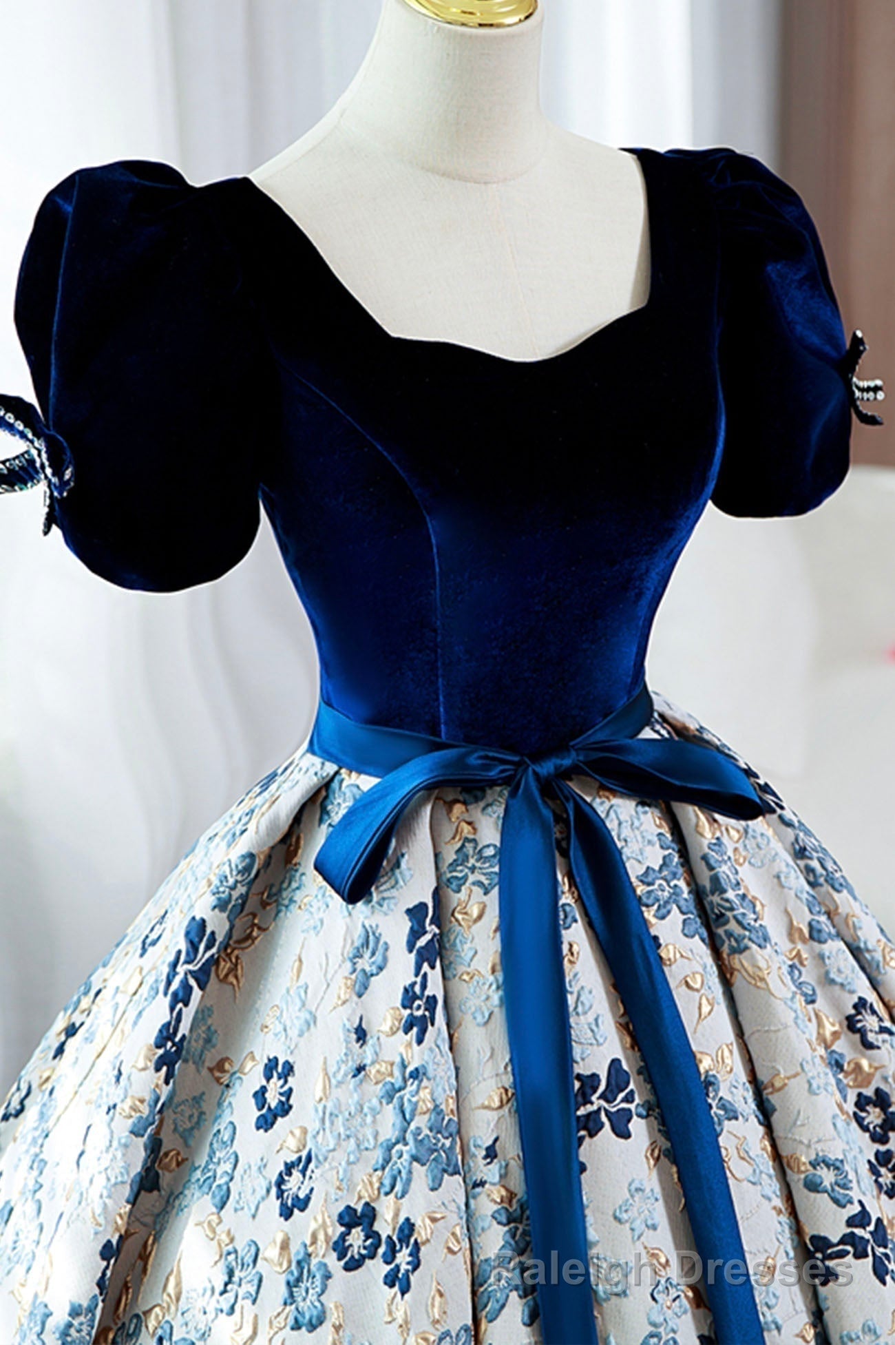 Blue Short Sleeve A Line Floor Length Prom Dress, Blue Prom Dress