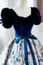 Blue Short Sleeve A Line Floor Length Prom Dress, Blue Prom Dress