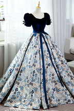Blue Short Sleeve A Line Floor Length Prom Dress, Blue Prom Dress
