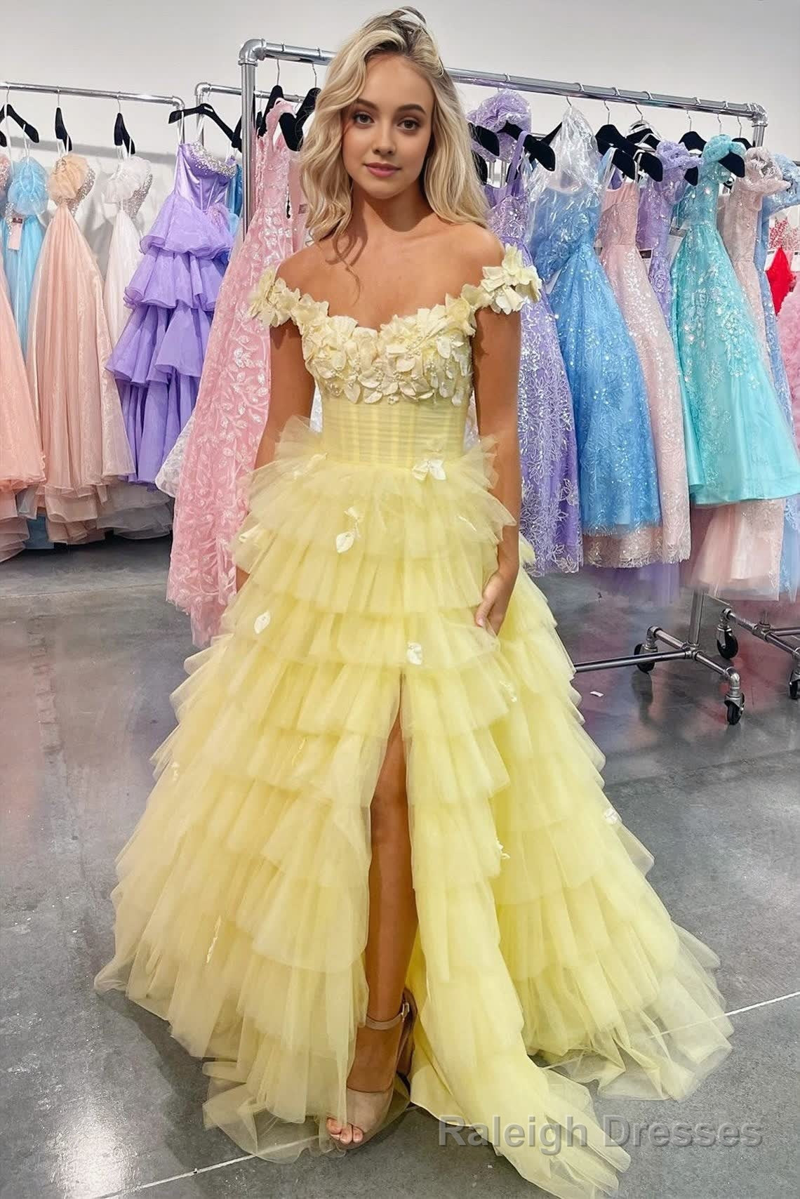 Yellow 3D Floral Lace Off-the-Shoulder Ruffle Tiered Prom Gown Main image