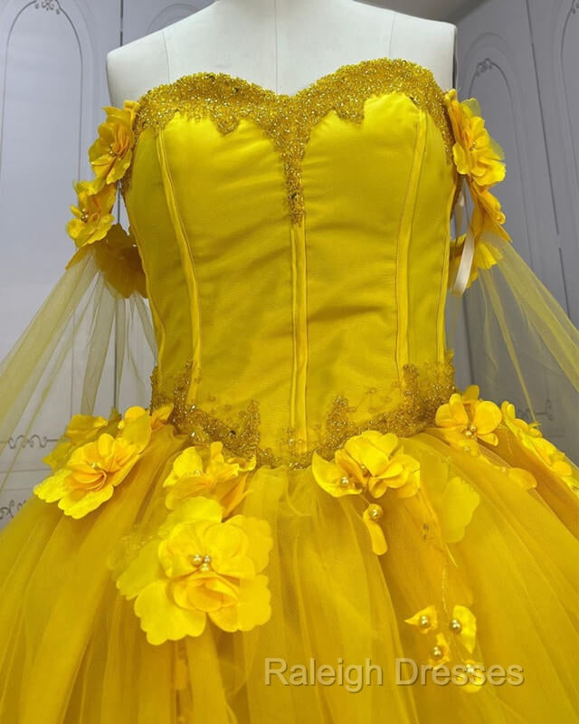 Yellow 3D Flowers Ball Gown Dress With Cape Secondary image