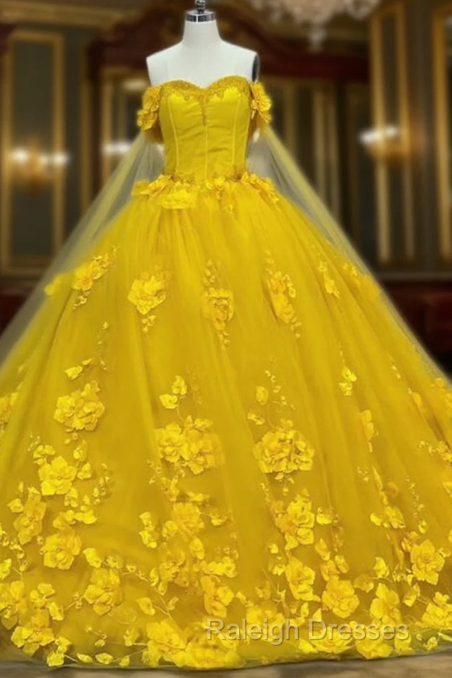 Yellow 3D Flowers Ball Gown Dress With Cape Main image