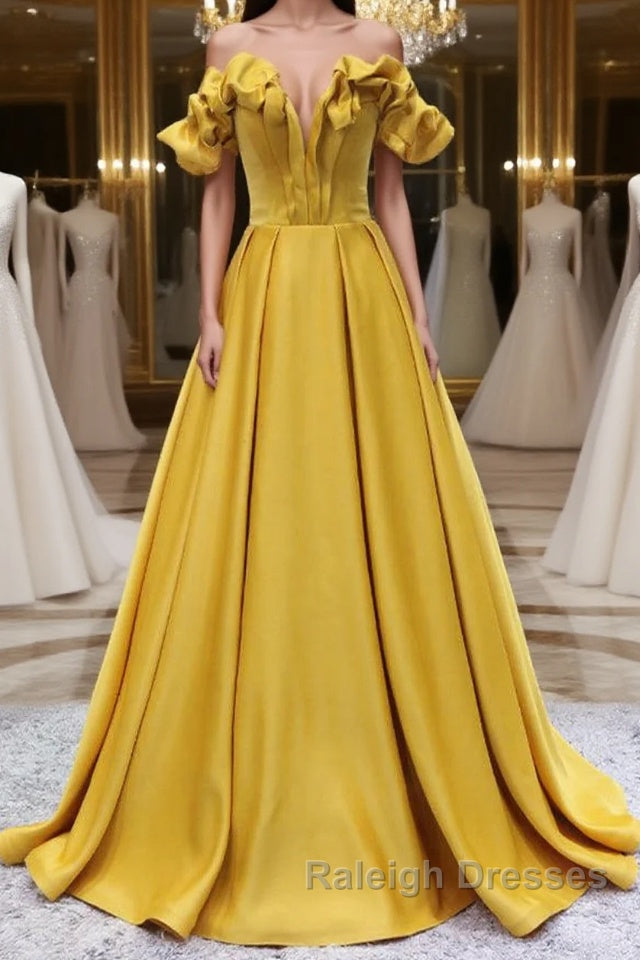 Yellow A Line Satin Long Prom Dresses Yellow Prom Dresses