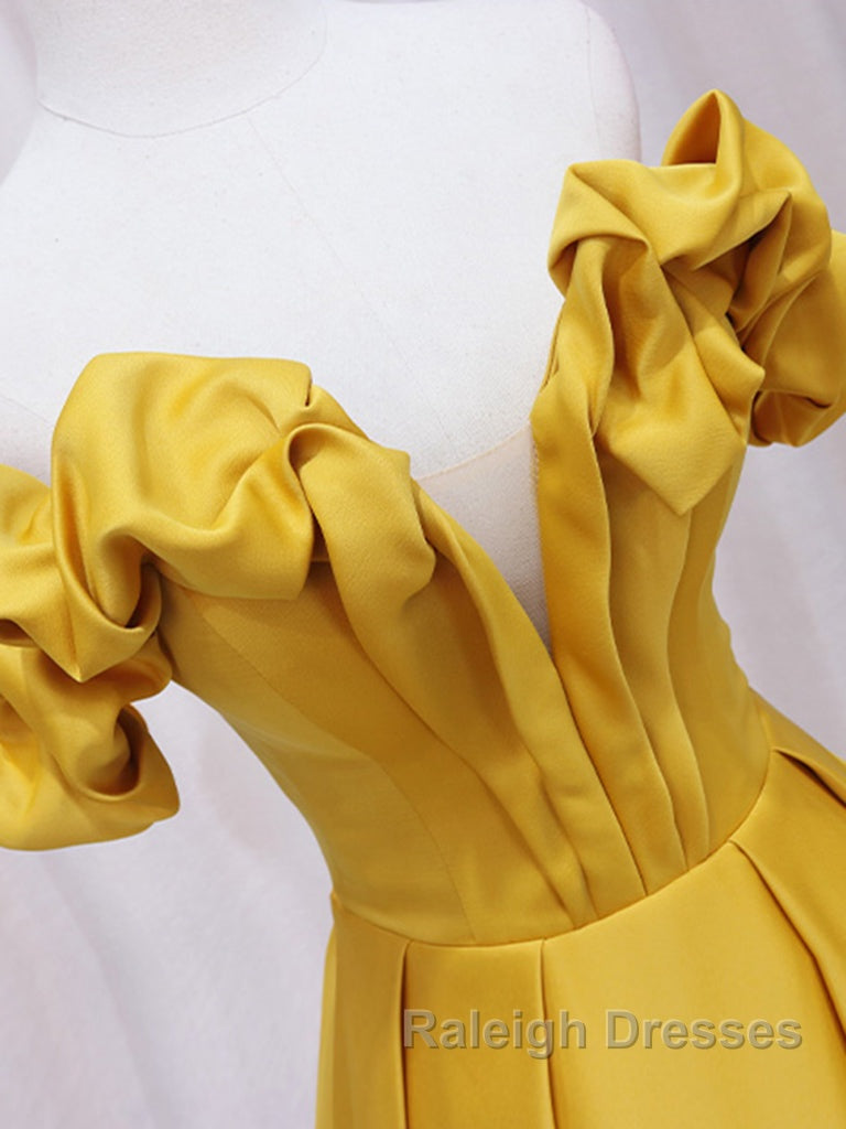 Yellow A Line Satin Long Prom Dresses Yellow Prom Dresses