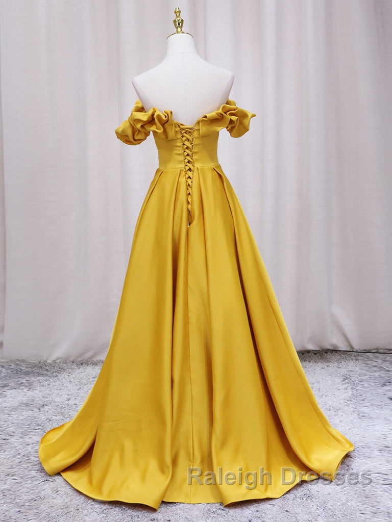 Yellow A-line Satin Long Prom Dress, Yellow Formal Dress Secondary image