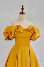 Yellow A-Line Satin Off Shoulder Long Party Dress, Yellow Formal Dress Evening Dress