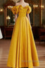 Yellow A-Line Satin Off Shoulder Long Party Dress, Yellow Formal Dress Evening Dress