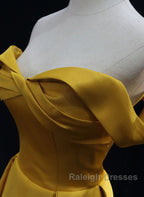 Yellow A-Line Simple Satin Off Shoulder Prom Dress, Yellow Satin Formal Dress