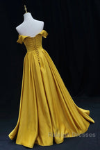 Yellow A-Line Simple Satin Off Shoulder Prom Dress, Yellow Satin Formal Dress